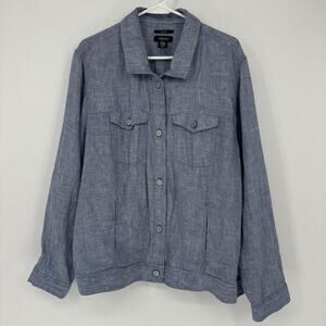 Jones New York Linen Jacket Womens 2X Blue Button Front Utility Pocket Shirt
